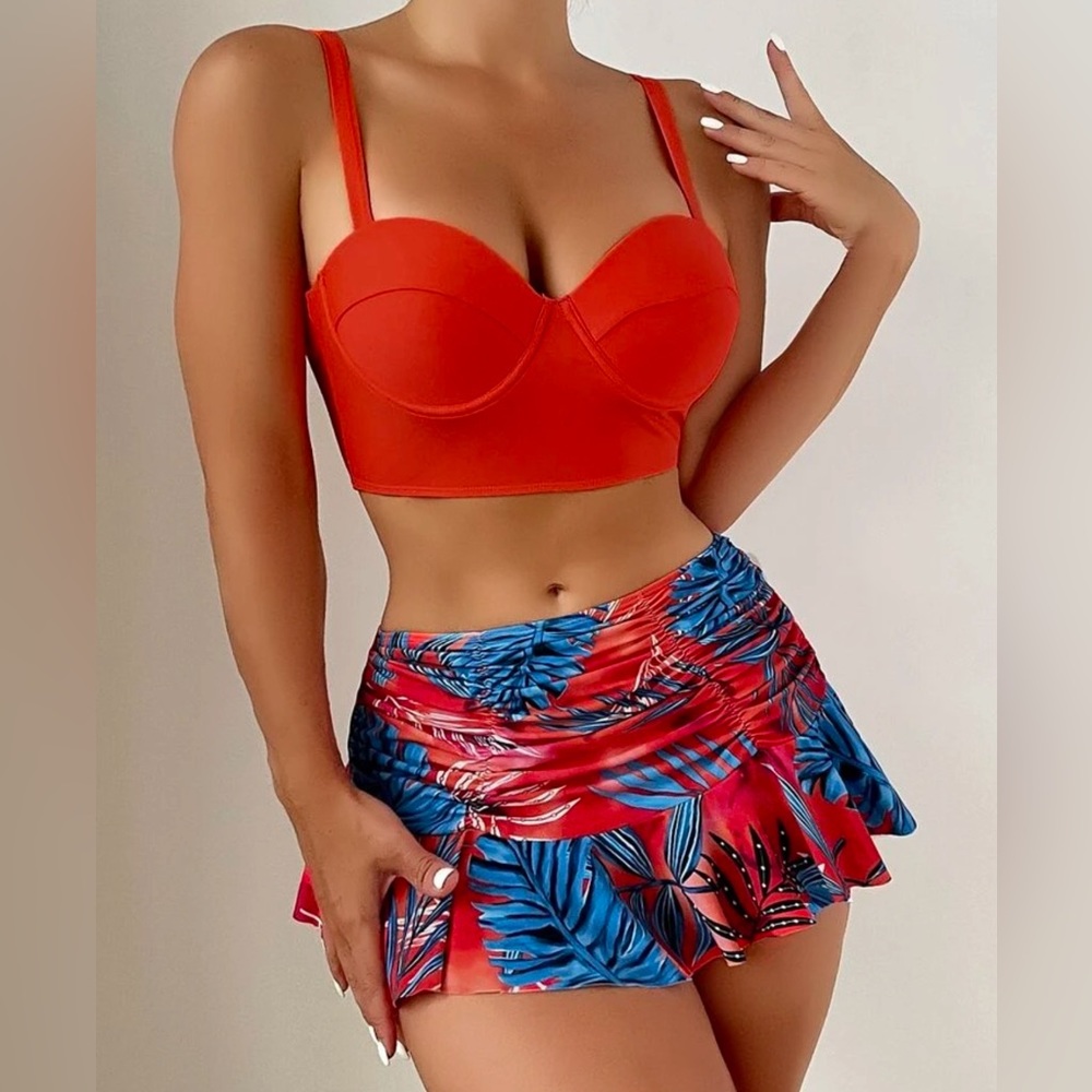 NWOT Tropical Print Push Up Ruched Skort Bikini Swimsuit Sz XL